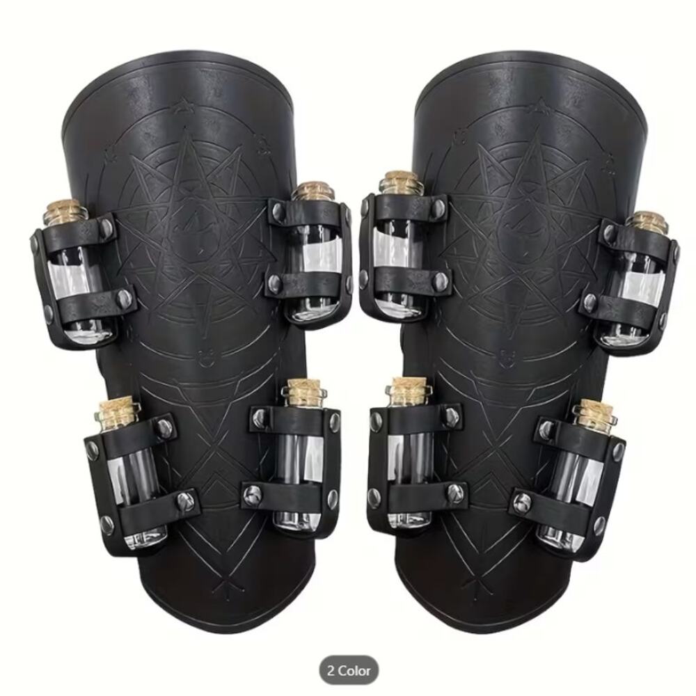 Steampunk Black Leather Bracers Arm Guards with Potion Bottles Cosplay LARP